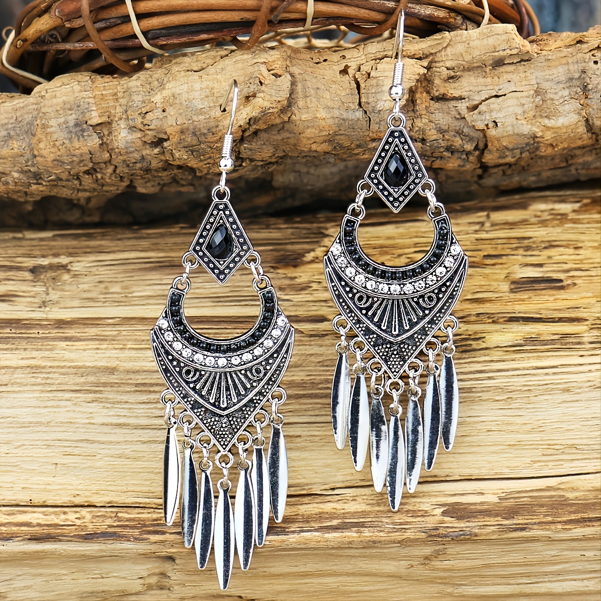 1 Pair Of Retro inspired Geometric Pendant Diamond embellished Sequined Tassel Ethnic Earrings