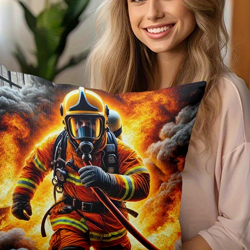 

Firefighter Decorative Pillow Cover - Soft Polyester, Zippered, Machine Washable - Sofa & Bedroom, Contemporary Style, Allergy-friendly (pillow Not Included)