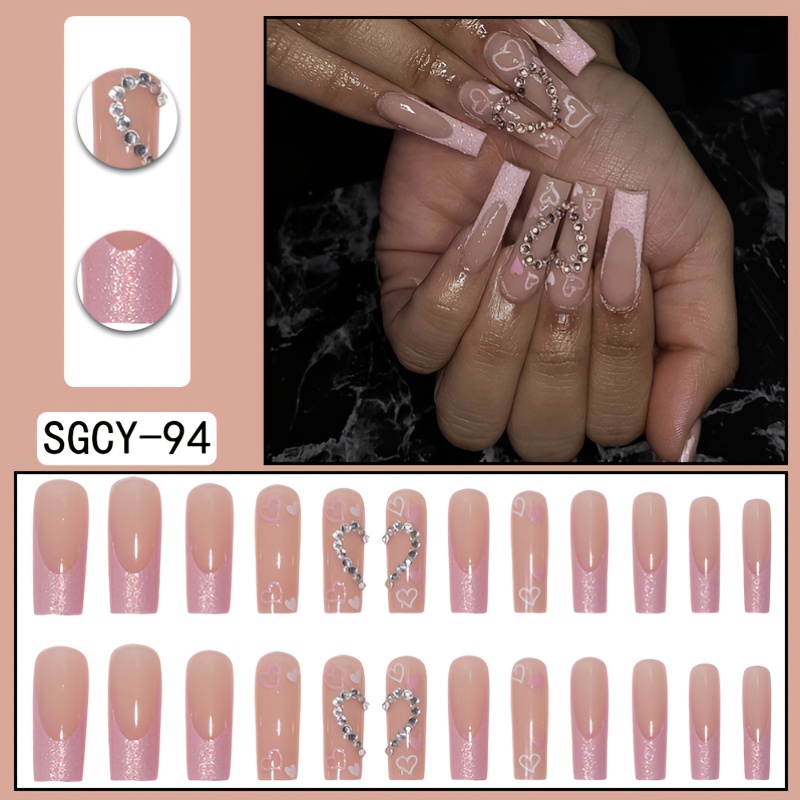Heart Rhinestones Nude Press on Nails Coffin Long Fake Nails Acrylic Nails  for Women and Girls 24 PCS 