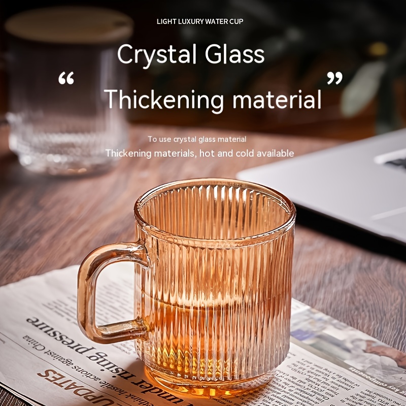 Lysenn Clear Glass Coffee Mug with Lid - Premium Classical Vertical Stripes  Glass Tea Cup - for |Latte|Tea|Chocolate|Juice|Water| - Unleaded - Bamboo