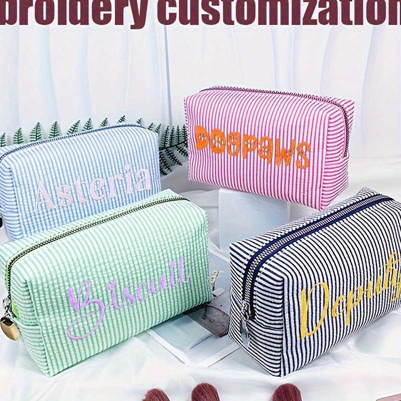 

Name Customized Embroidery Seersucker Wash Storage Bag, Add Your Text, Personalized Toiletry Bag Makeup Organizer Bag For Travel, Ideal Gifts