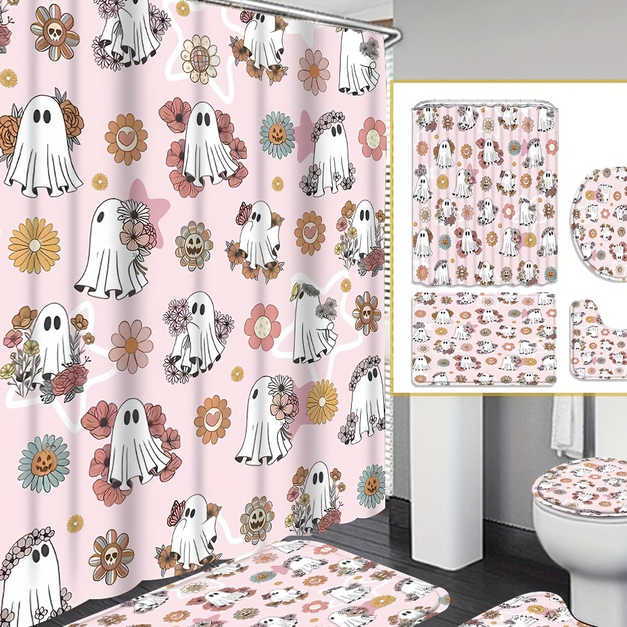 

4pcs Shower Curtain Sets, Five-pointed Star Pumpkins Background Bathroom Waterproof Shower Curtain, Bath Mat, Toilet Lid Rug, Non-slip U Shape Mat, Home Decor Accessories, Gift, Housewarming Gift