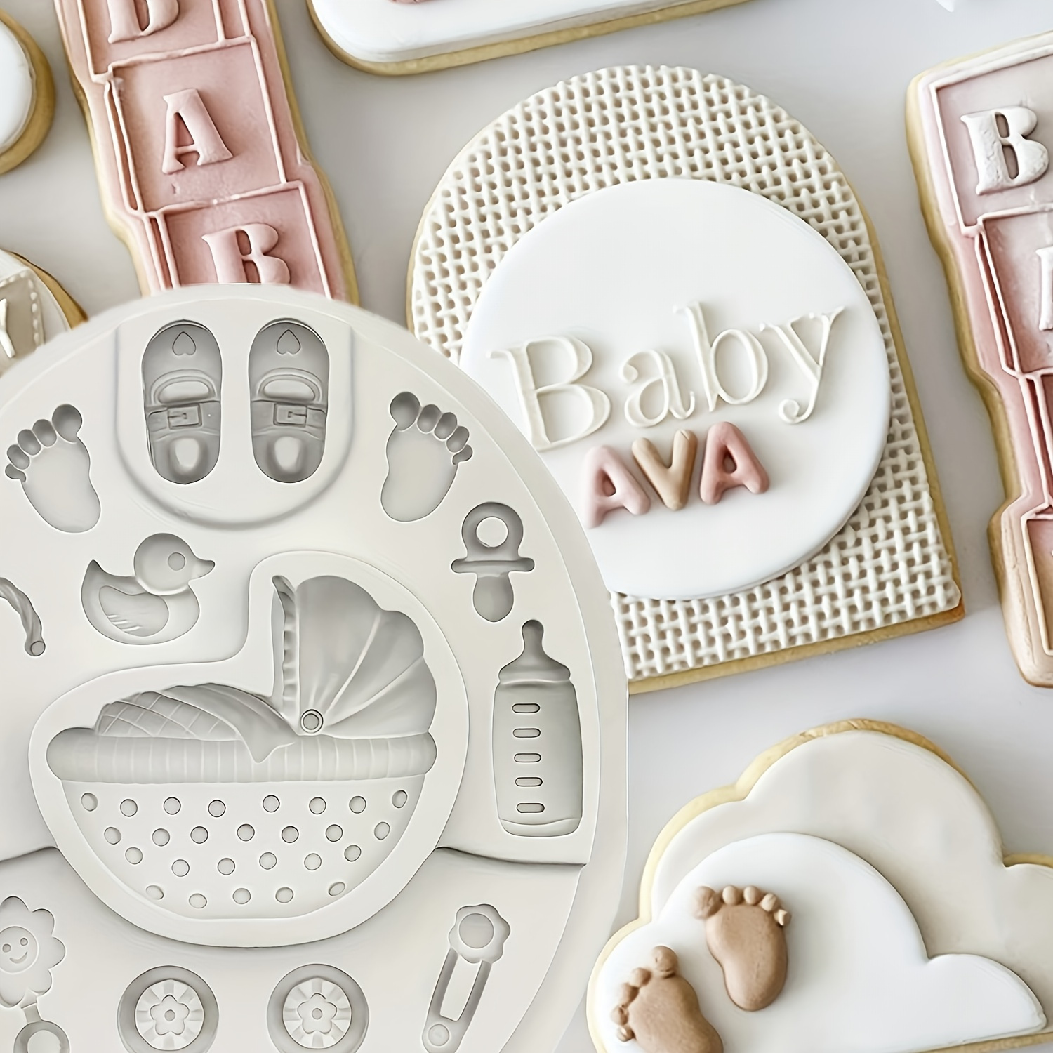 

1pc Baking Mold, Silicone Baby Shower Fondant Mold, 3d Stroller Milk Bottle Small Foot Design Cooking Mold, Diy Cake Decorating Baking Tool, For Home Kitchen And Bakery, Kitchen Supplies