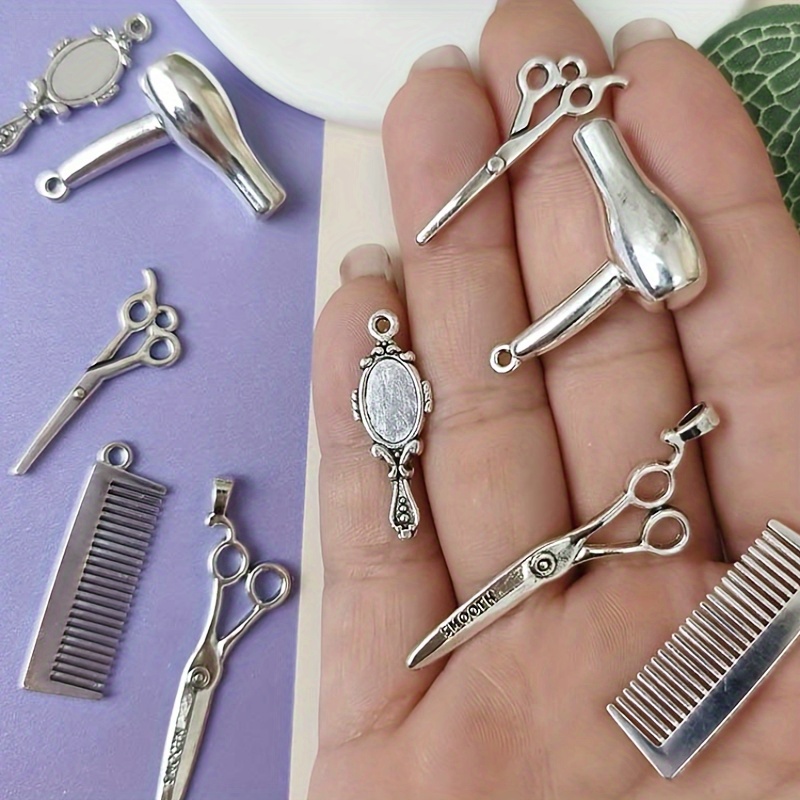 

10pcs Shop Charms Set - Antique Silvery Hairdryer, Scissors, Comb & Makeup Mirror Pendants For Crafting