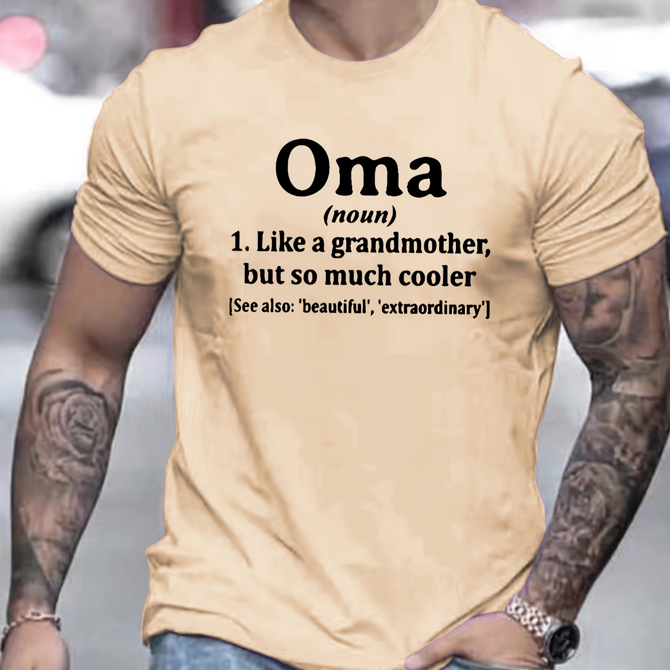 

Men's Oma Letter Print Short Sleeve T-shirts, Comfy Casual Elastic Crew Neck Tops For Men's Outdoor Activities