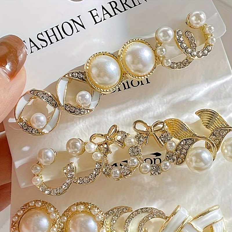 

9-pair Luxury Elegant Earrings Set Featuring Glittering Moon, Bowknot, Mermaid Tail Designs - Imitation Pearl & Zinc Alloy, No Plating - Fashion Accessories For Daily & Party Wear