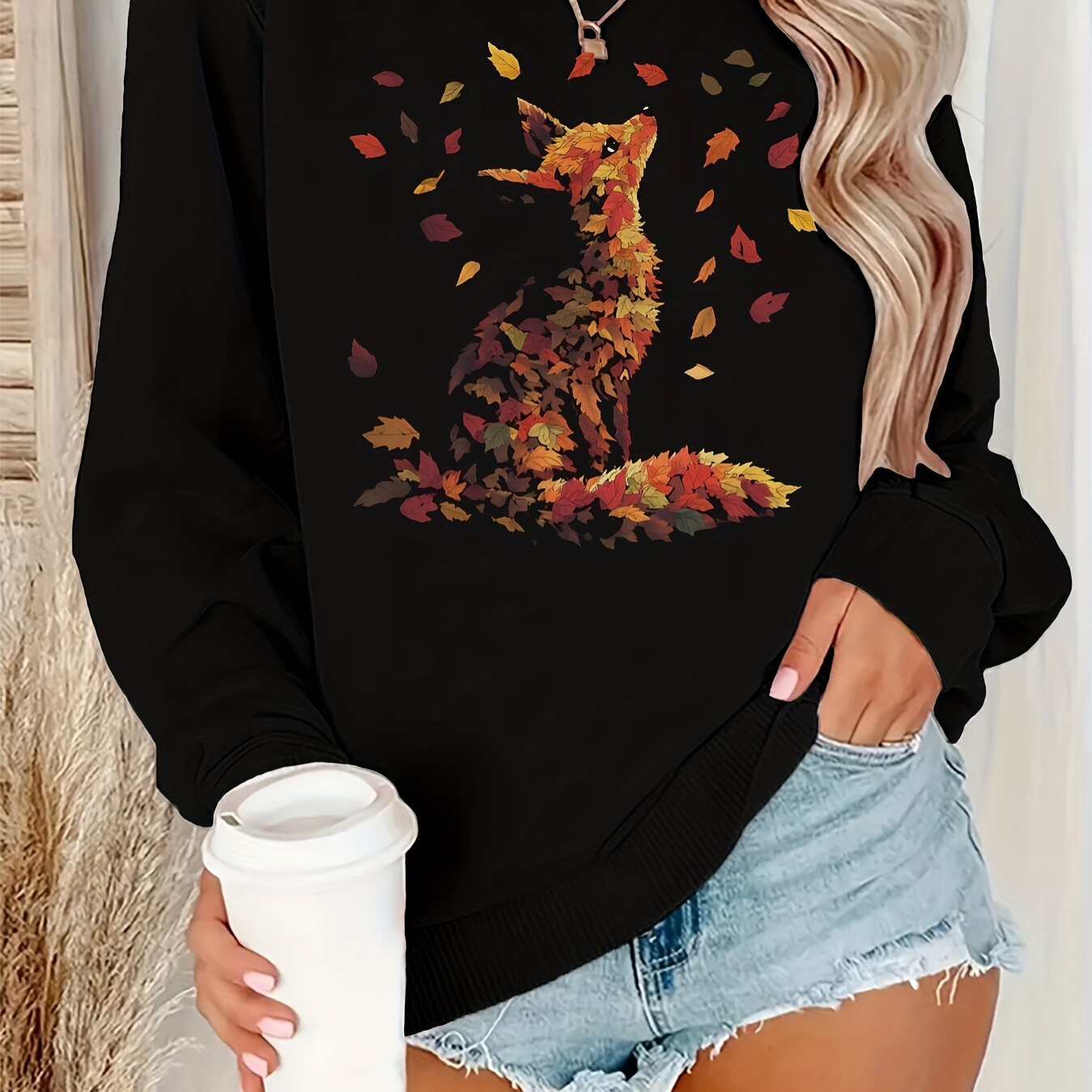 

Leaf Fox Print Long Sleeve Crew Neck Sweatshirt, Women's Sportswear For Fall & Winter, Outdoor Wear