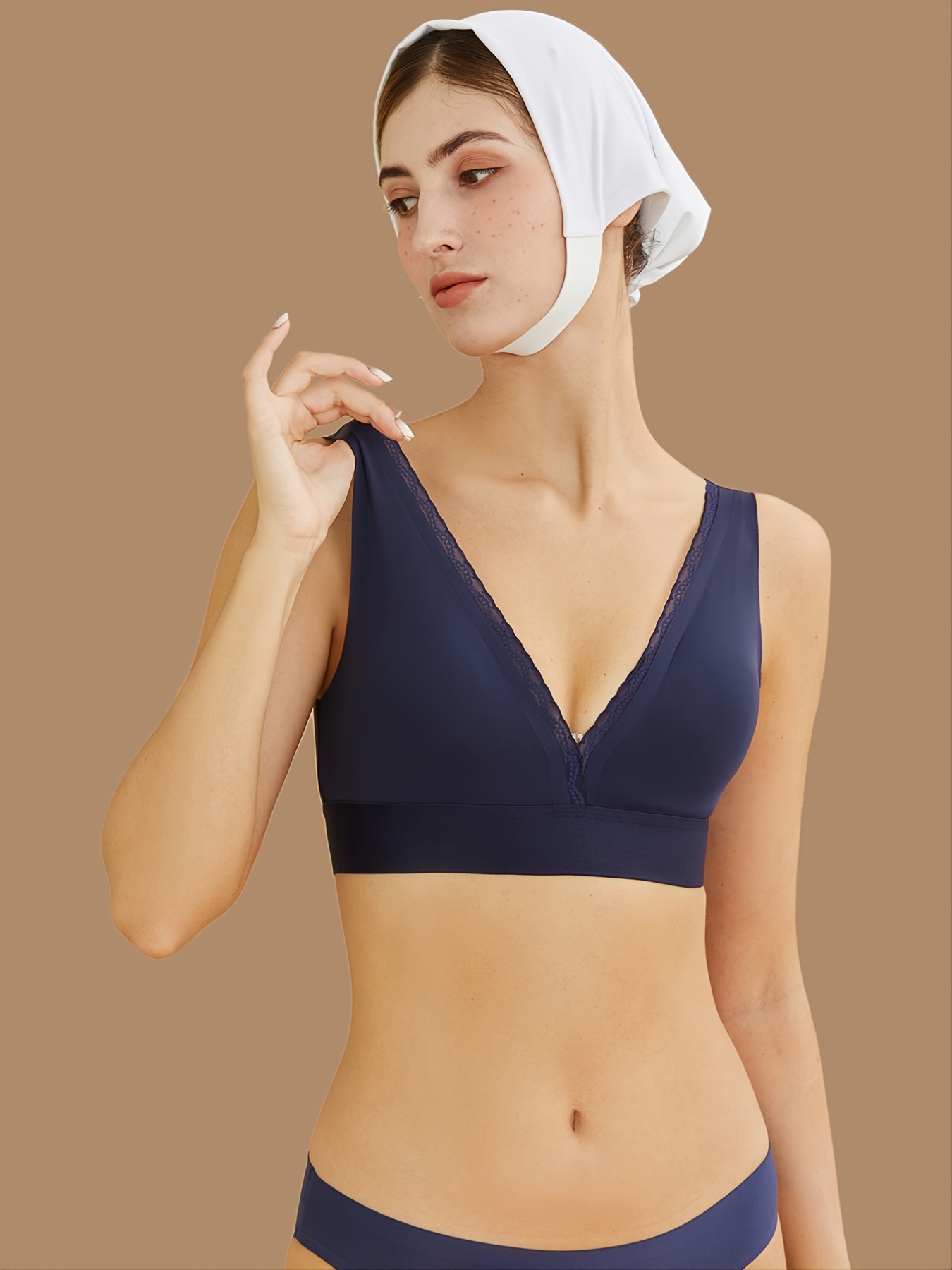 MakeMeChic Women's Velvet Bralette Soft Comfortable Triangle V Neck  Wireless Bra