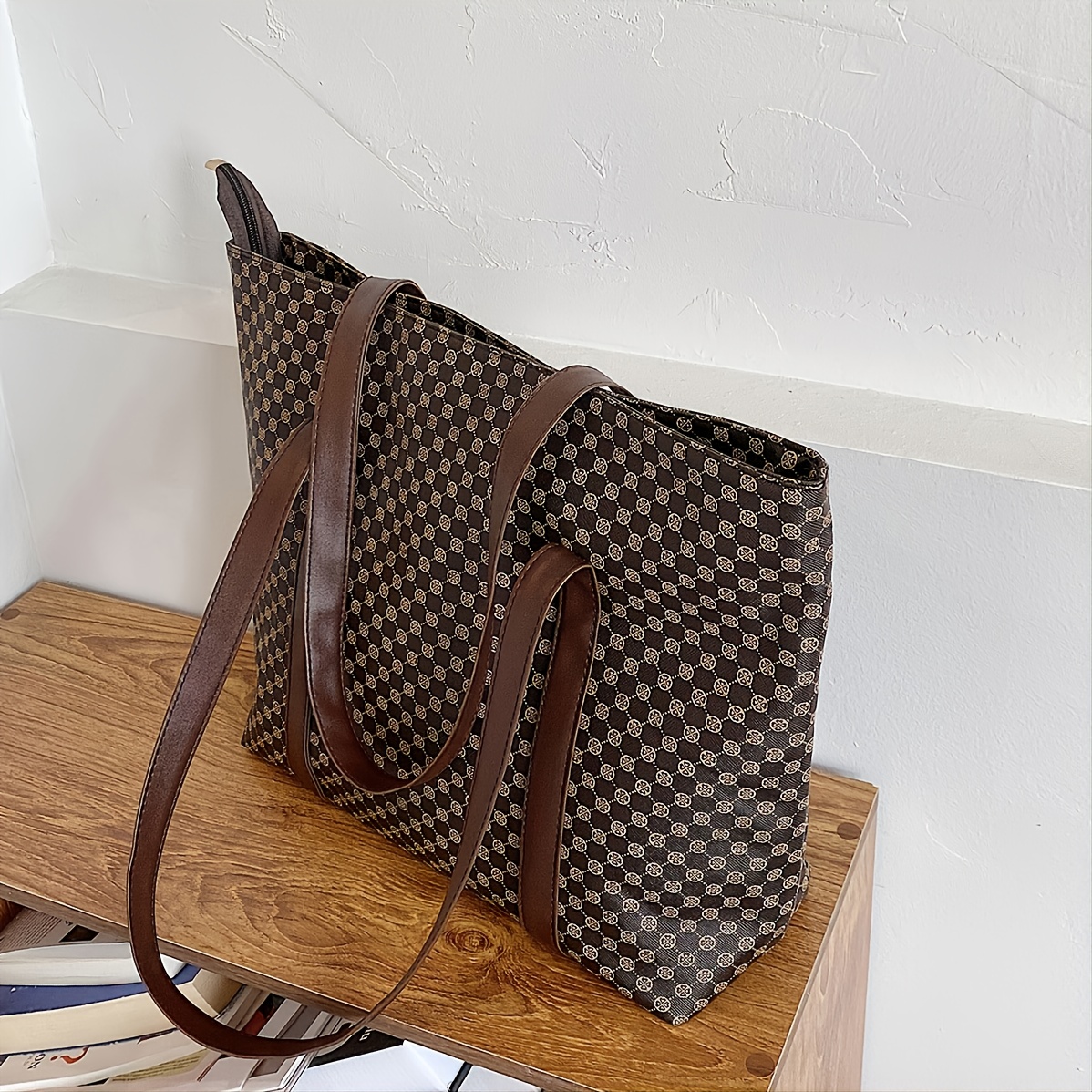 Geometric Pattern Tote Bag, Fashion Faux Leather Handbag Women's Stylish  Zipper Shoulder Bag