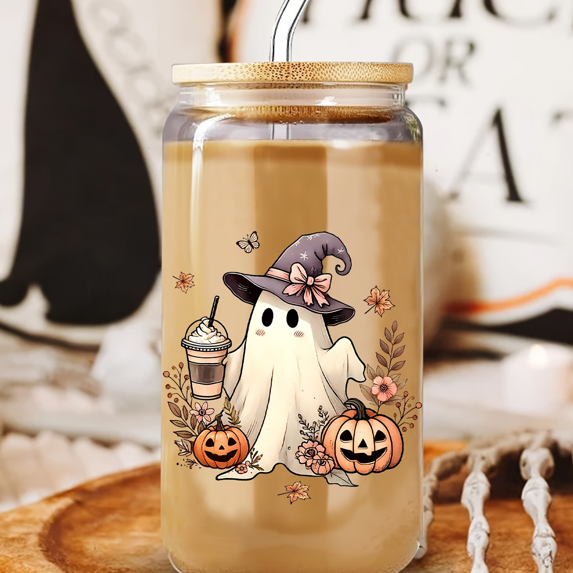 

Spooky 16oz Glass With Bamboo Lid & Straw - Reusable, Washable Iced Coffee Cup For Juice, Milk, Cold Drinks - , Christmas, Thanksgiving Gifts