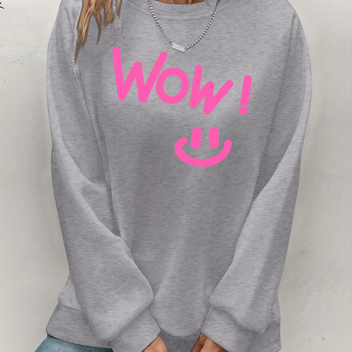 

Women's Casual Long Sleeve Sweatshirt With "wow" Print, Loose Fit, Round Neck, Polyester Knit, Fashionable Pullover For Autumn/winter, In Black, Grey, And Light Blue