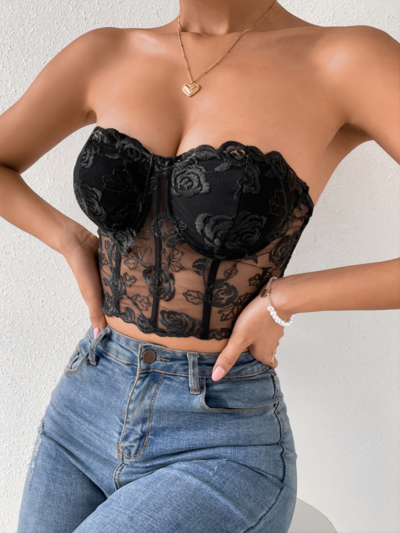 Floral Print Lace Corset Top Casual Sleeveless Strap Bustier - Temu