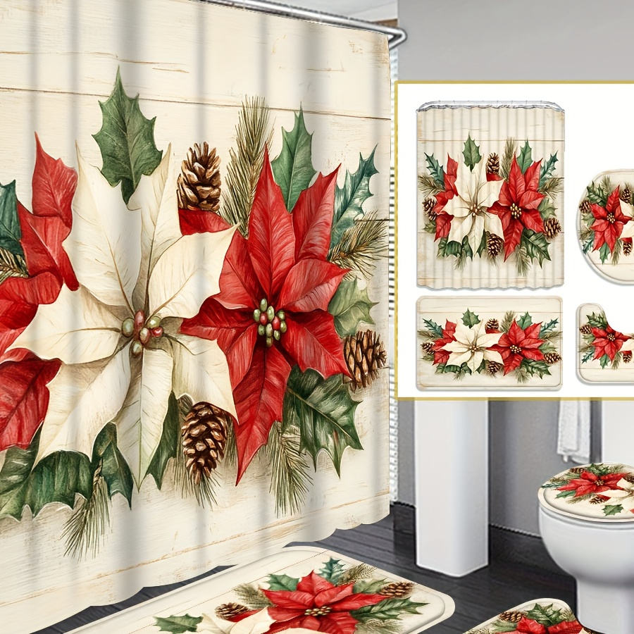 

1pc/4pcs Christmas , - Pattern Shower Curtain, Decoration, Shower Curtain Set 12 , Bathroom Carpet, U-shaped Mat, Mat, Bathroom Decoration