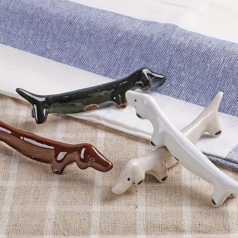 

4pcs Ceramic Dachshund Cutlery Set - Cute Japanese-inspired Chopstick, Holders For Home And Restaurant Decor