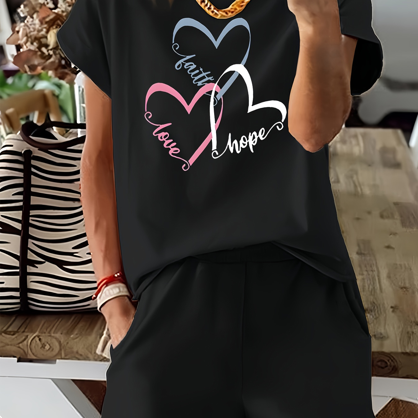 

Women's Casual Faith, Love & Hope Letter Print T-shirt And Shorts Set - Stretchy Polyester , Machine Washable, Letter Print, 2 Piece Set, Short Sleeve, Women's Clothing