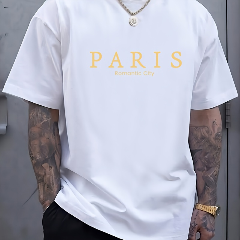 

Paris Print, Men's Round Crew Neck Short Sleeve, Simple Style Tee Fashion Regular Fit T-shirt, Casual Comfy Breathable Top For Spring Summer Holiday Leisure Vacation Men's Clothing As Gift