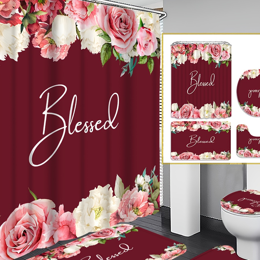 

4pcs Text With Flowers Curtain Shower Curtain Decoration, Beautiful Housewarming Gift Decoration, Waterproof Shower Curtain And Toilet Floor Mat Three-piece Set Comes With 12 Shower Curtain Hooks