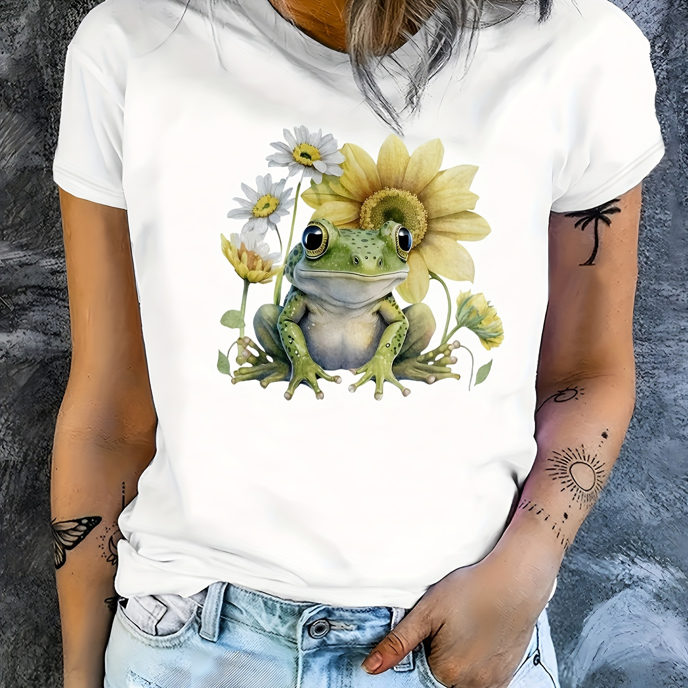 

Floral & Frog Print T-shirt, Short Sleeve Crew Neck Casual Top For Summer & Spring, Women's Clothing