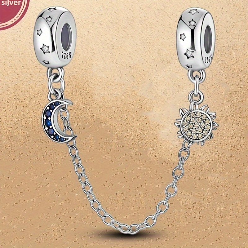 

925 Sterling Moon Safety Chain Pendant Beads Charms Fit Bracelets Necklace Women Gift