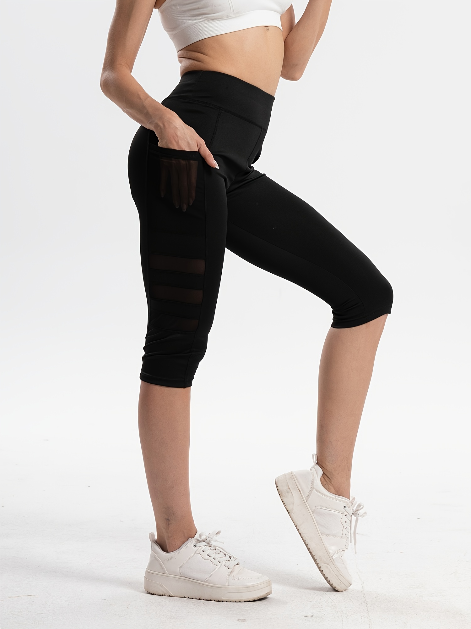 High Waist Yoga Capri Leggings Mesh Stitching Criss Cross - Temu