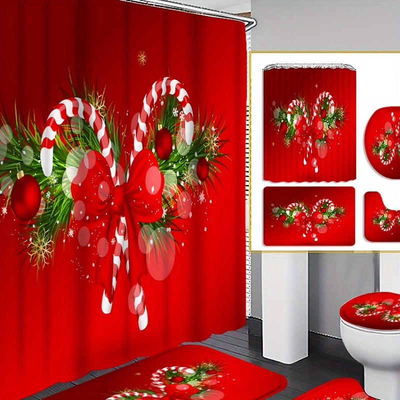 

4pcs Christmas Candy Curtain Shower Curtain Decoration, Beautiful Housewarming Gift, Modern Home Decoration, Waterproof Shower Curtain And Toilet Floor Mat With 12 Shower Curtain Hooks