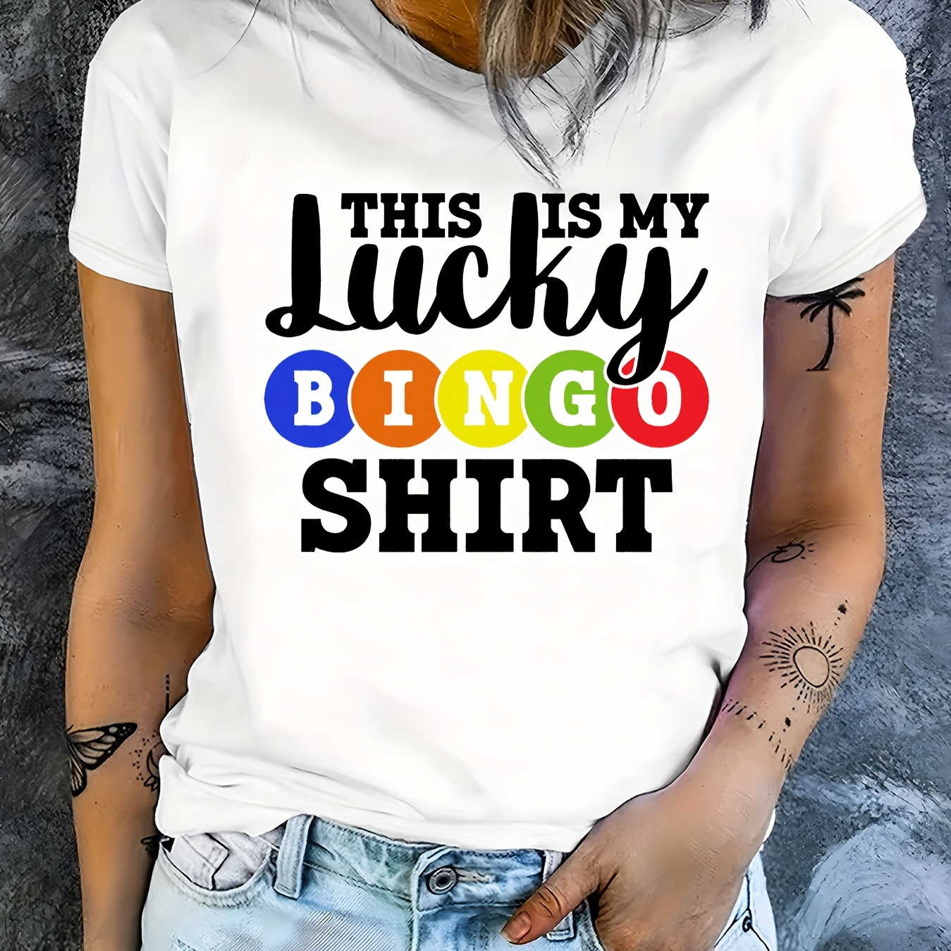 

Bingo Letter Print T-shirt, Short Sleeve Crew Neck Casual Top For Summer & Spring, Women's Clothing