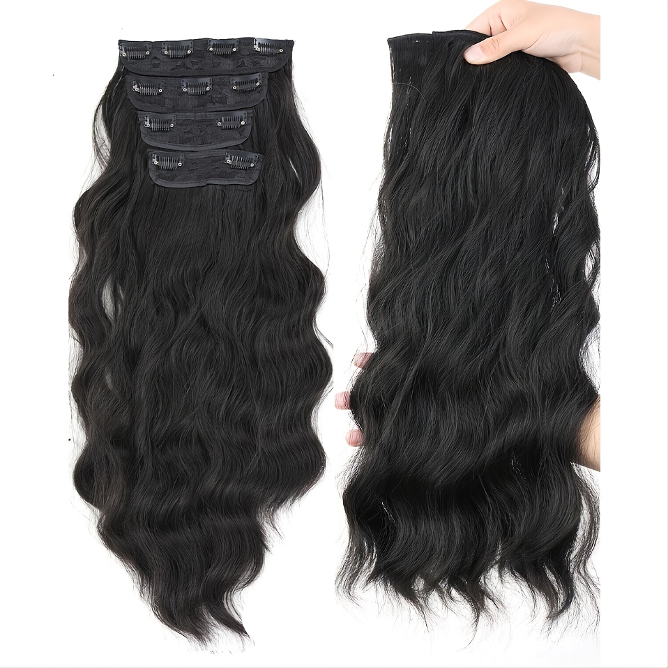 7pcs/set Long Body Wave Hair Extension Curly Full Head Clips in Synthetic Hair Extensions, Human Hair Extensions for Women,Temu