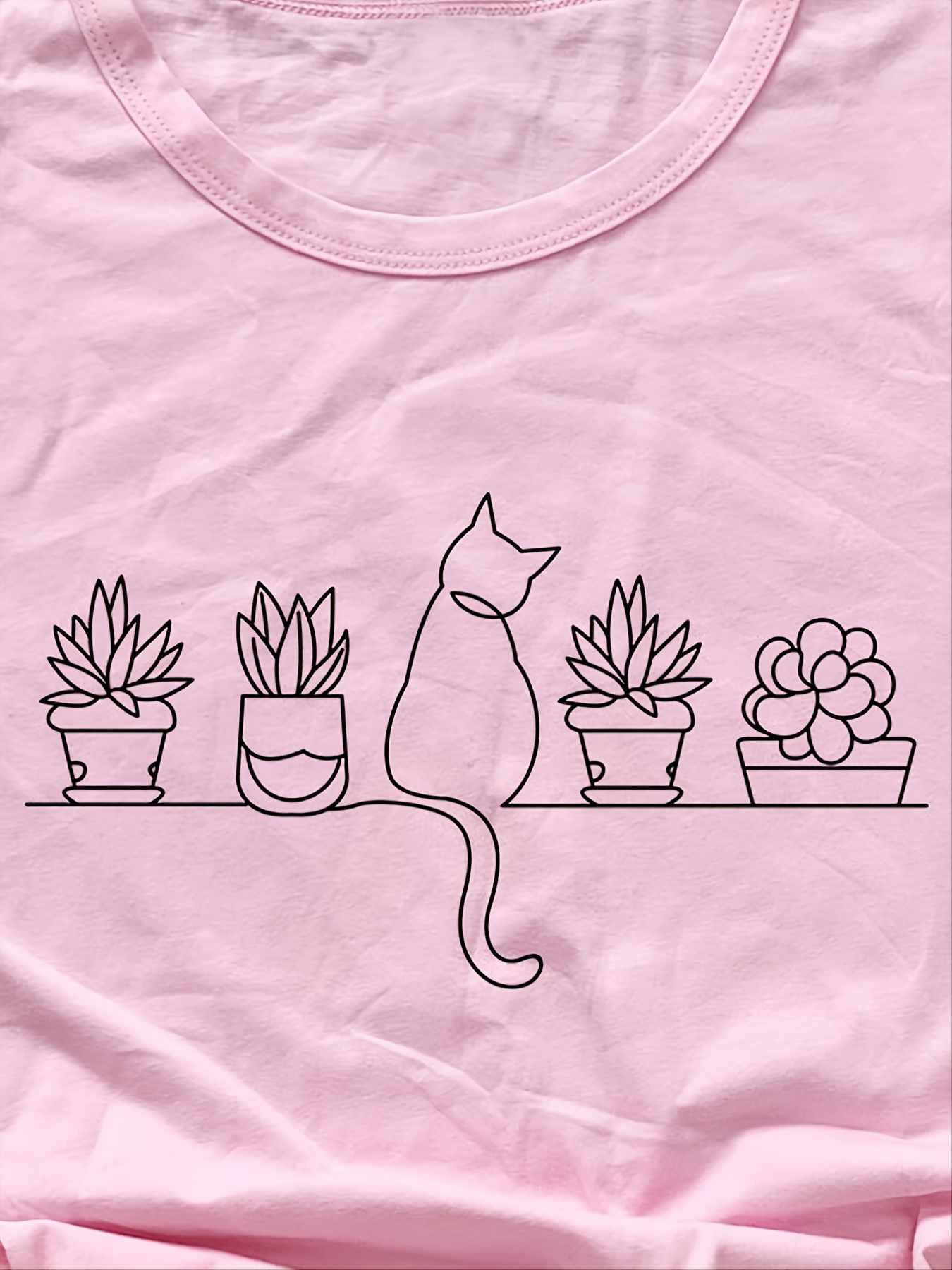 Cat Plants Print Crew Neck T-shirt, Casual Loose Short Sleeve