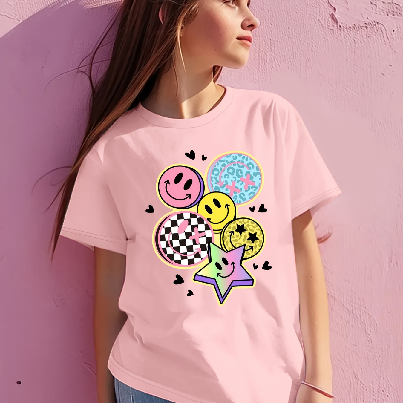 

Colorful Smile Faces And Star Graphic Print, Girl's Fashion Crew Neck Short Sleeve Outdoor T-shirt, Comfy Casual Top For Summer