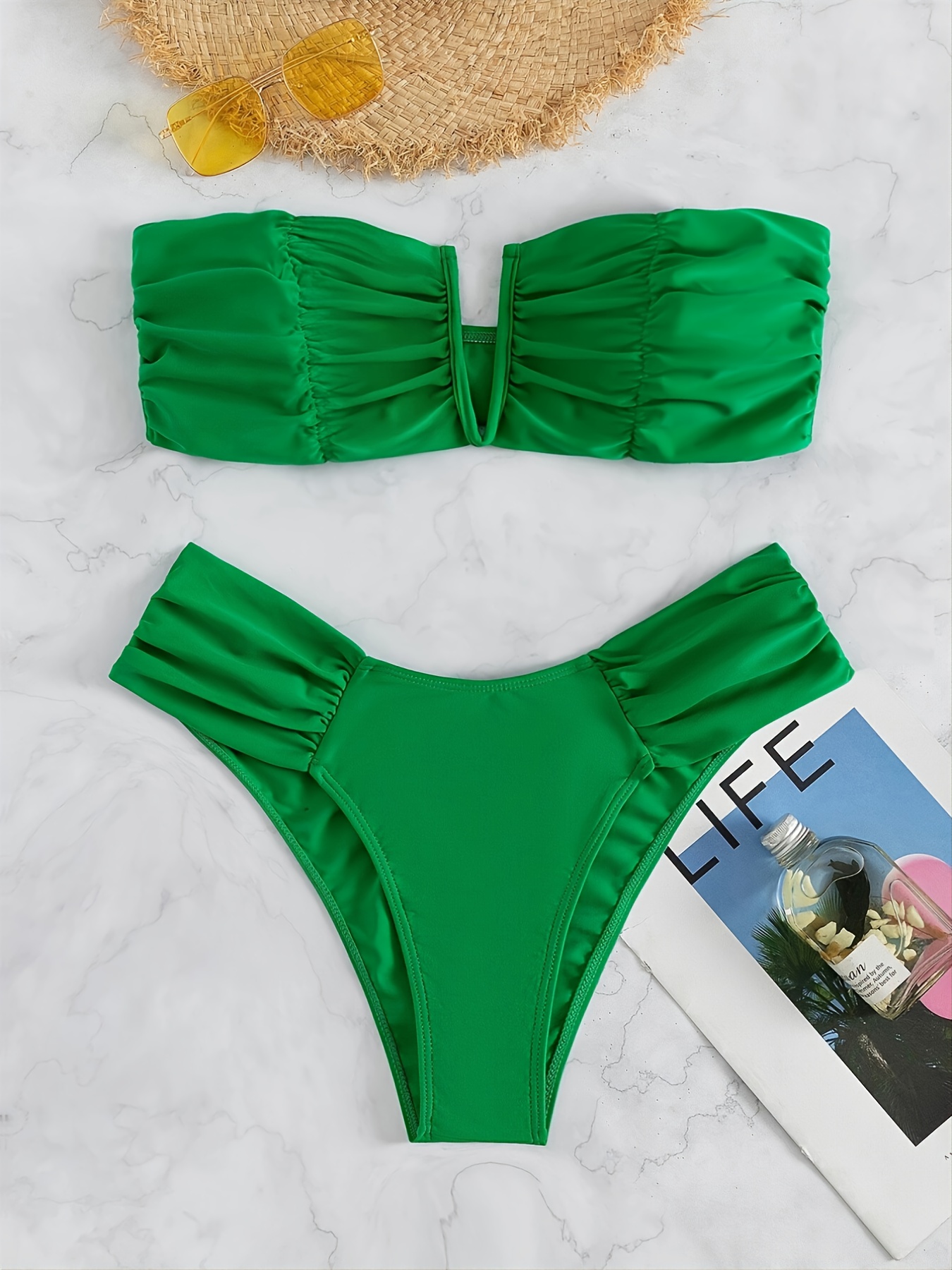 Womens Strapless Green Bandeau Bikini Set Modest, Flawless, And
