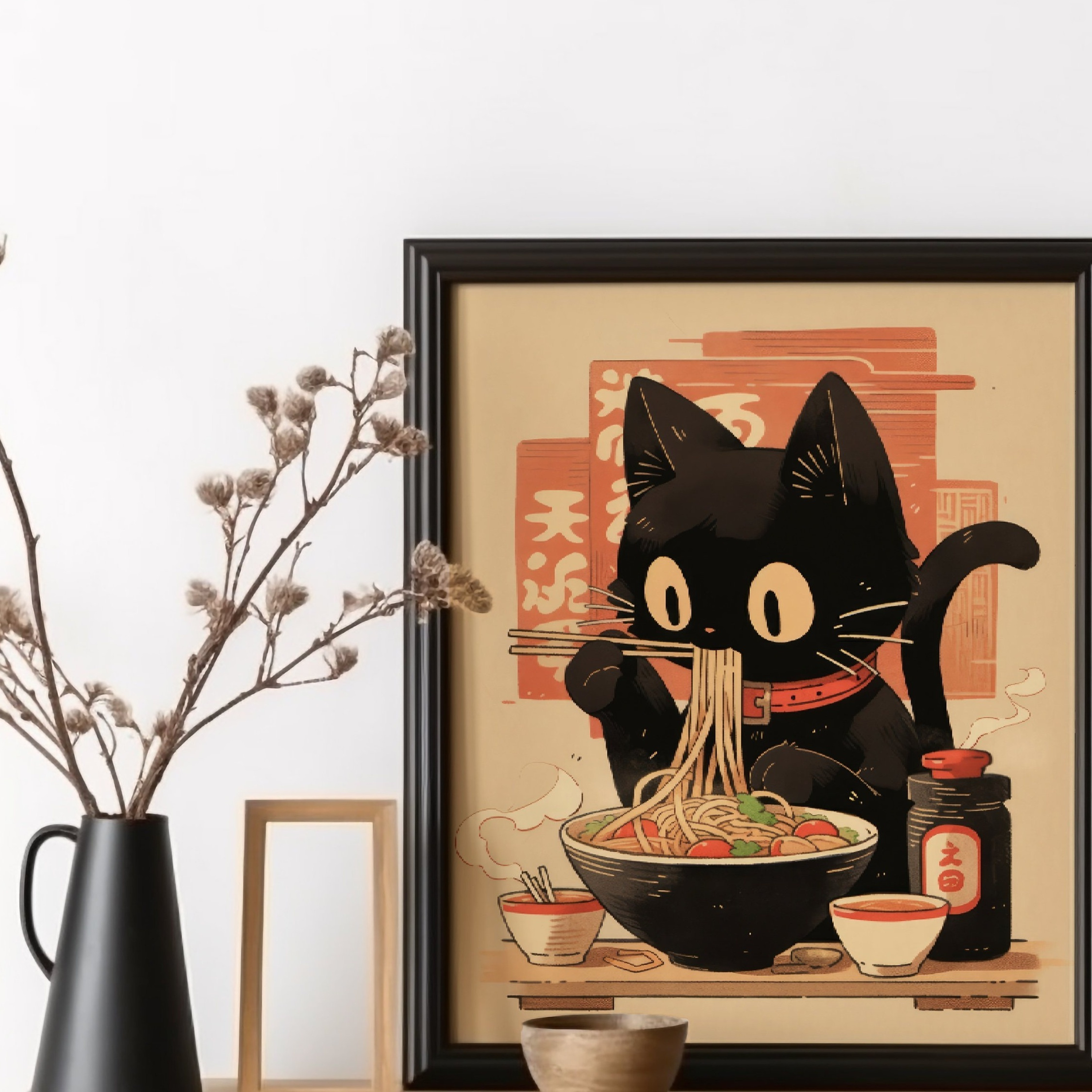 

Black Cat & Ramen Noodles Canvas Art Print - Edo Period Japanese Wall Decor For Kitchen, Living Room, Bedroom, Office - High-quality Poster