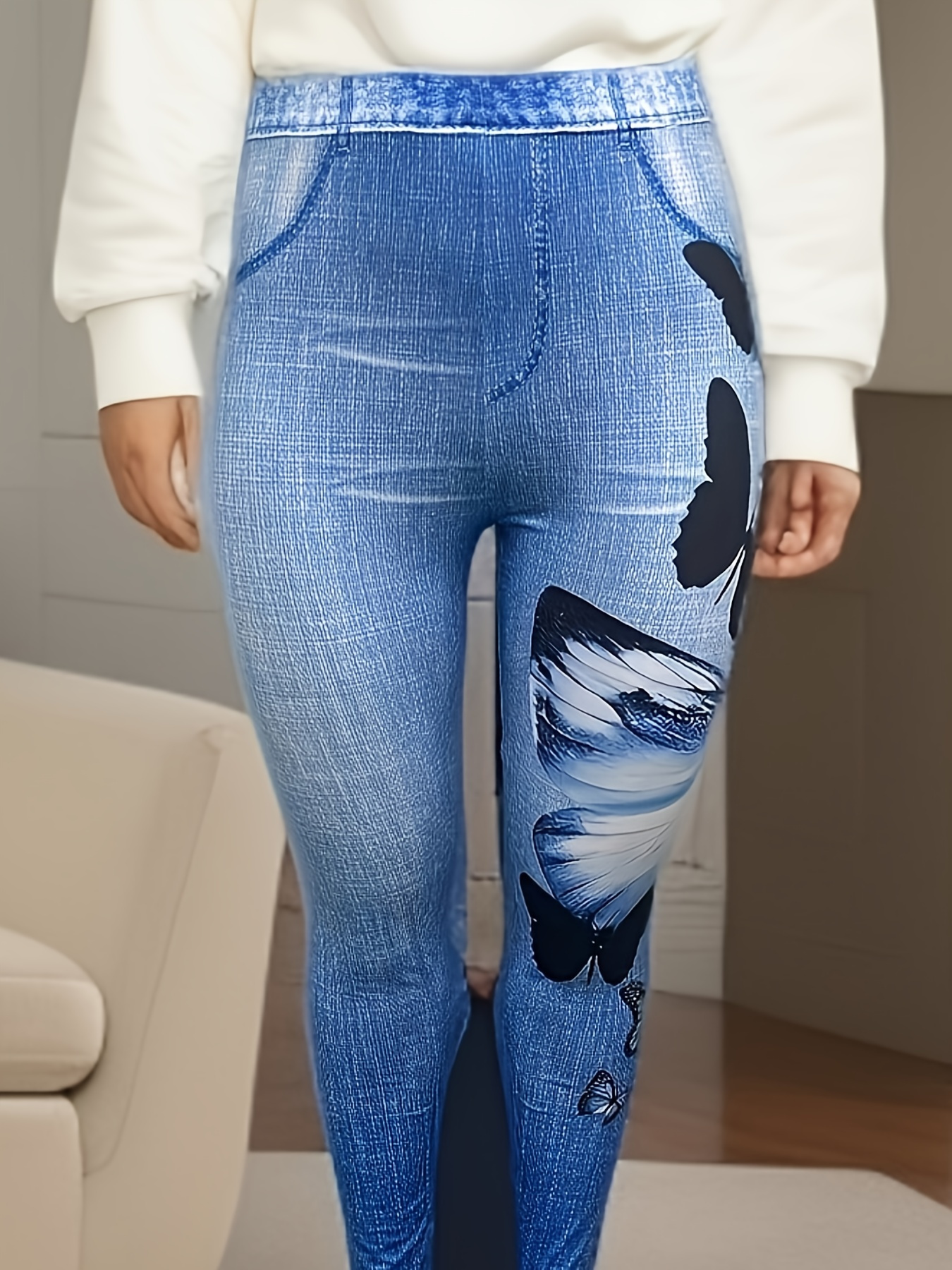 Plus Size Casual Leggings, Women's Plus Denim & Butterfly Print Stretchy  Skinny Leggings