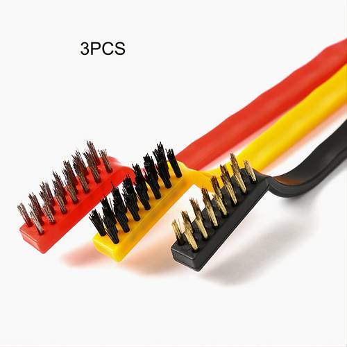 3pcs Brass/Stainless Steel Wire Brush Set With Curved Handle Grip For Rust, Dirt Removal