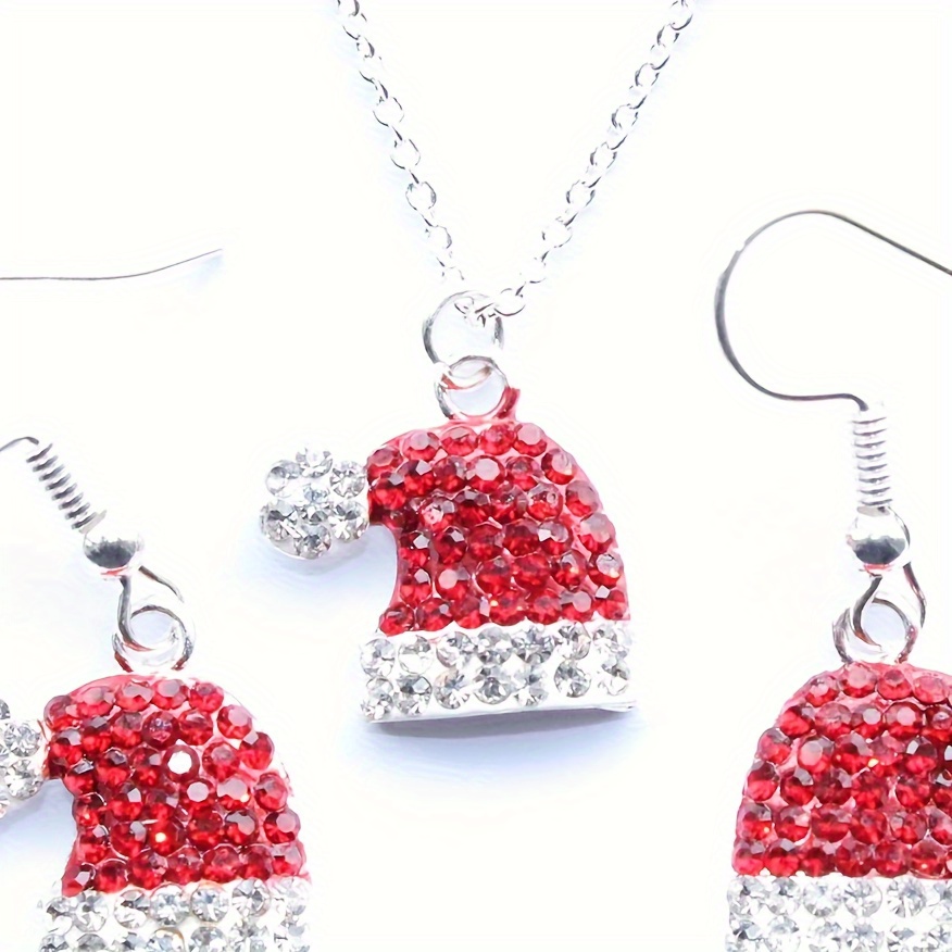 

Fashion Alloy Christmas Hat Jewelry Set With Rhinestones - 3pcs Festive Necklace And Earrings Combo For Women, Ideal Gift For Holidays And Birthdays