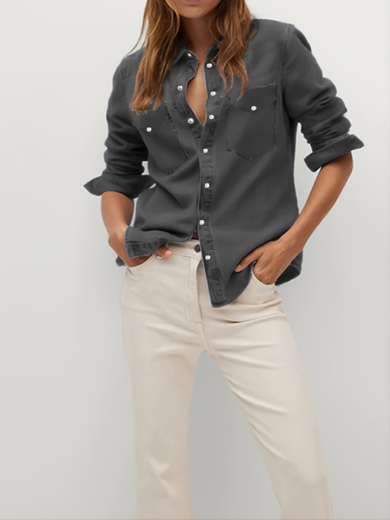 Women's Collared Zip Through Denim Top in Dark Wash