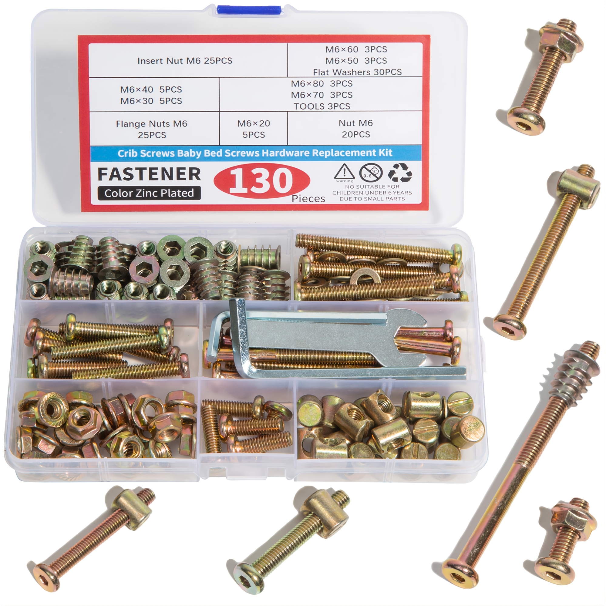 Baby Bed Crib Screws Hardware Replacement Kit 130pcs M6x20 30 40 50 60 70  80mm Hex Drive Socket Screws Barrel Nuts Assortment Kit For Beds Chairs  Furniture Crib Bolts Washers Replacement Set