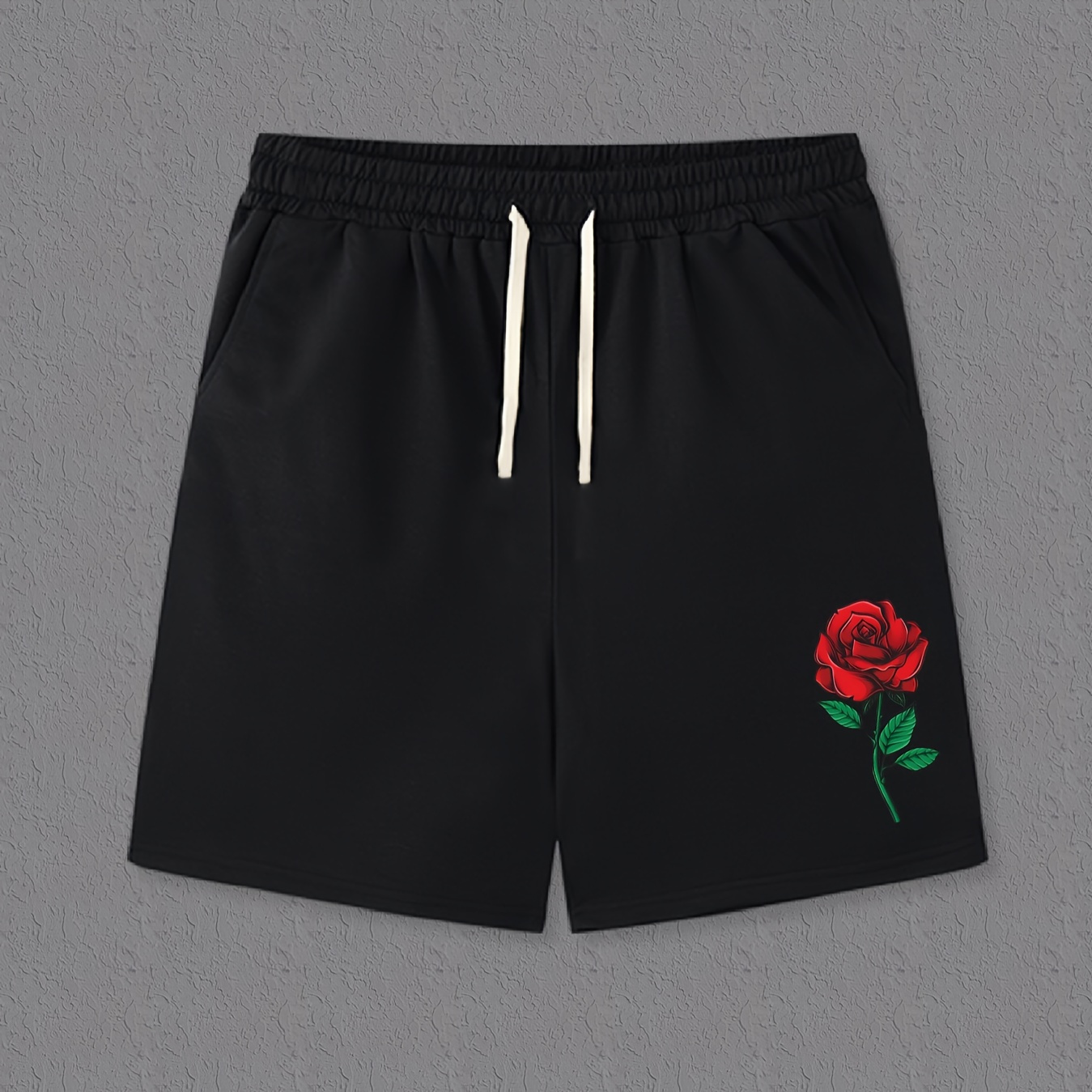 

Red Rose Print Men's Drawstring Pants Loose Casual Trousers Simple Style Comfy Shorts For Spring Summer Outdoor Fitness
