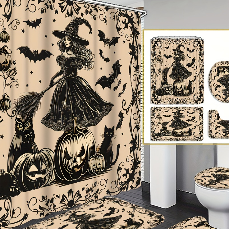 

4pcs Halloween Bath Pumpkin Curtain Decoration, Beautiful Housewarming Gift, Decoration, Waterproof Shower Curtain And Toilet Floor Mat 3 Piece Set With 12 Shower Curtain Hooks