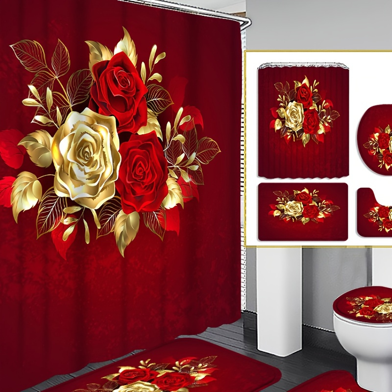 

4pcs Gold Rose Curtain Shower Curtain Decoration, Beautiful Housewarming Gift, Decoration, Waterproof Shower Curtain And Toilet Floor Mat 3 Piece Set With 12 Shower Curtain Hooks