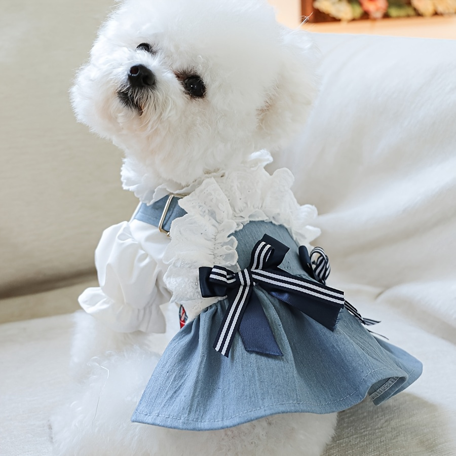 

Chic Nautical-themed Denim Pet Dress - With Bow & Ruffle , Ideal For Small Breeds Like Pomeranians & Teddy , Button Closure,