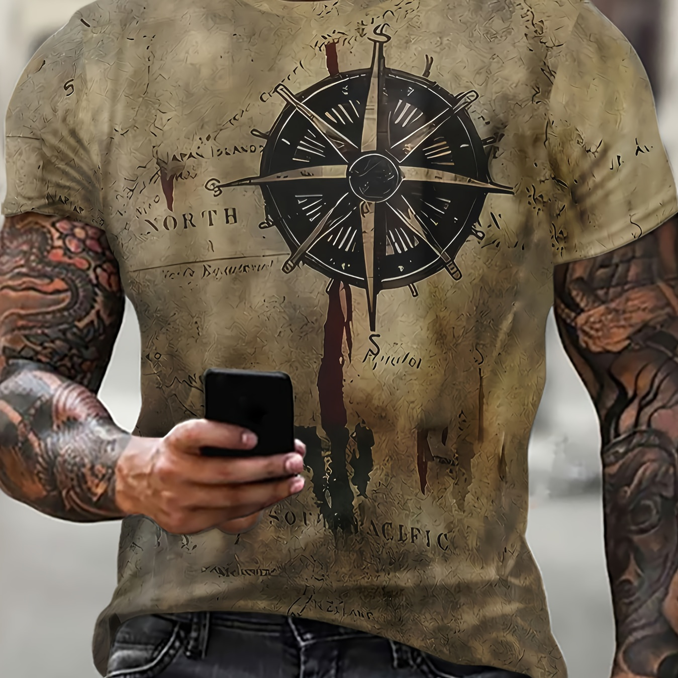 

Men's Compass And Map Pattern T-shirt, Crew Neck And Short Sleeve Tee, Stylish And Trendy Tops For Summer Street Wear