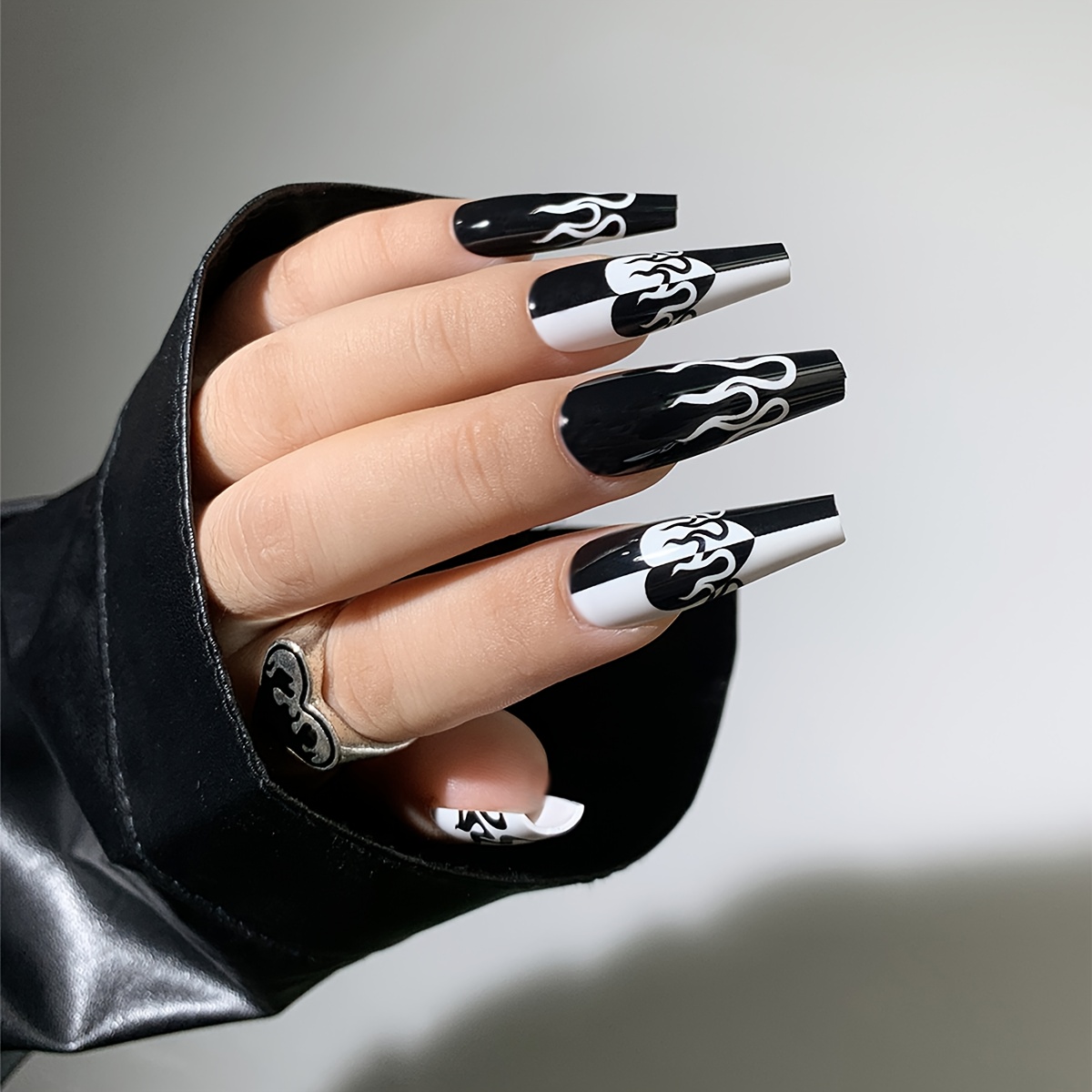 

224pcs French Tip Press On Nails Long With Designs Goth Black And White Flame False Fake Nails Press On Coffin Artificial Nails For Women Stick On Nails With Glue On Static Nails