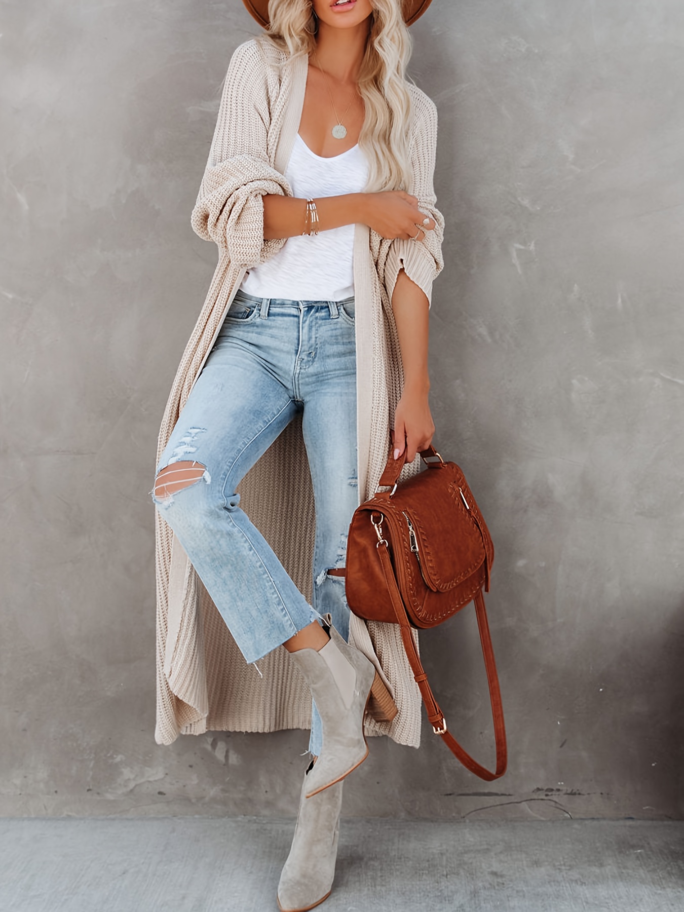 Wrapped in Cozy: Beige Long Sleeve Knit Duster Cardigan w/ Side Slits