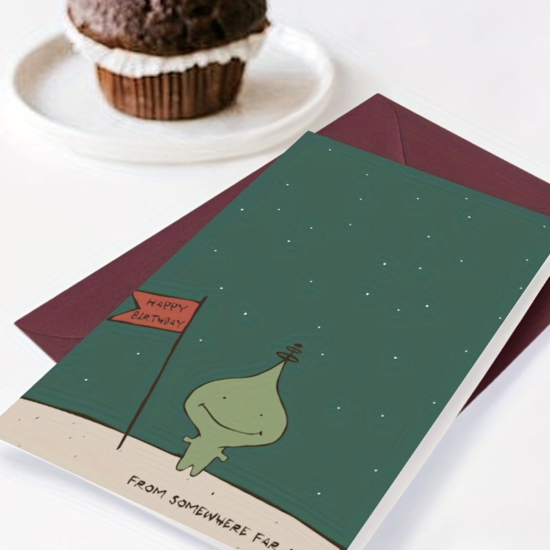 

1pc Birthday Card, An Alien Holding A Red Flag With The Words "happy Birthday" Written On It Suitable For Giving To One's Own Loved Ones Eid Al-adha Mubarak