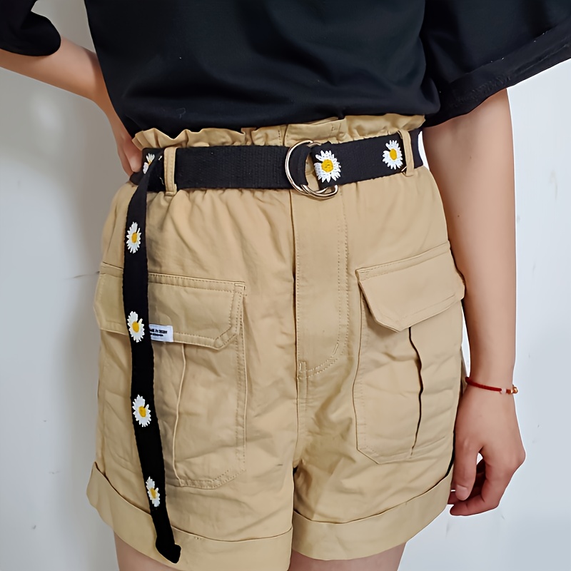 Orange Floral Print Double Buckle Canvas Belt for Women