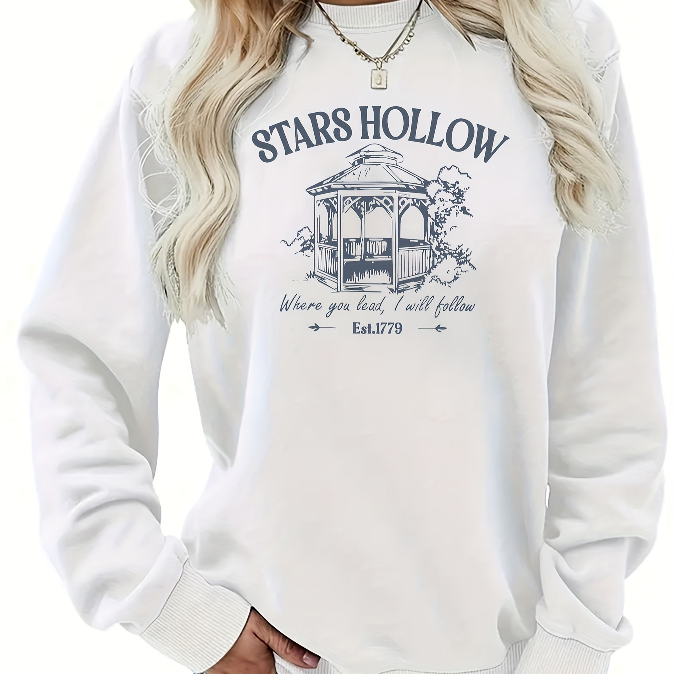 

Stars Hollow Casual Crew Neck Sweatshirt - Polyester , Long Sleeve, Regular Fit, Geometric Pattern, Stretch, Knitted Pullover For Women, Fall/winter Collection