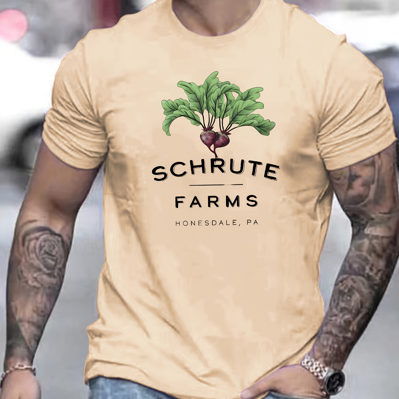 

Schrute Farms Print Men's Casual T-shirt, Short Sleeve Versatile Comfy Tee Tops For Summer Outdoor
