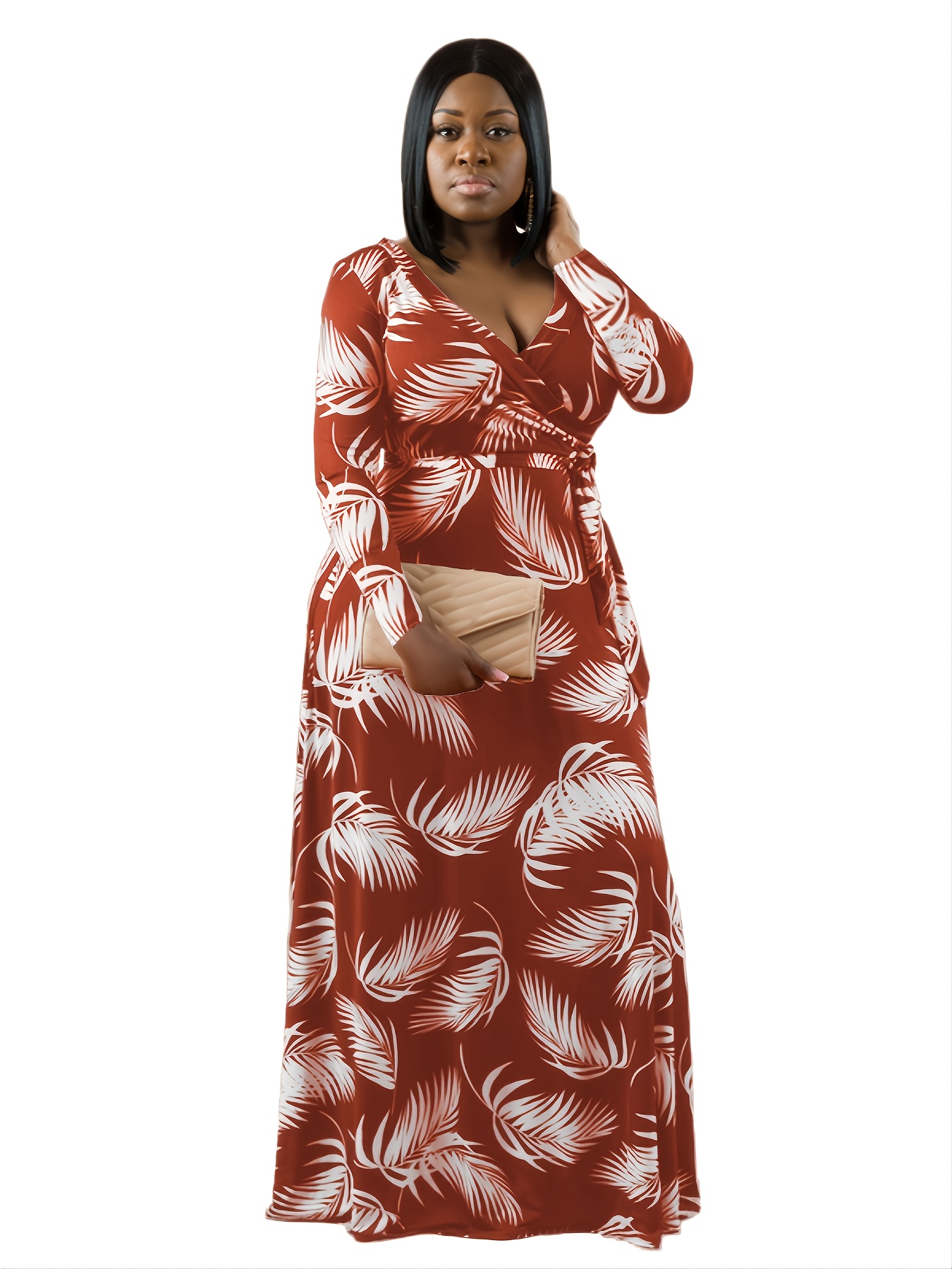 Plus Size Tropical Print V Neck Long Sleeve Wrap Maxi Dress - Temu