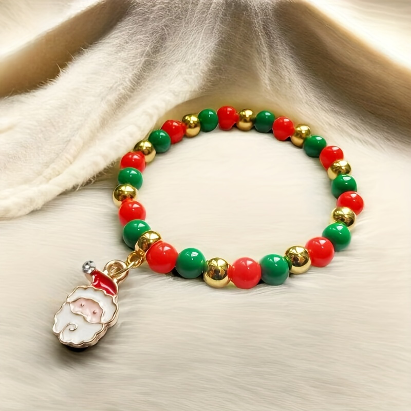 Christmas Tree Snowman Santa Claus Pendant Beaded Bracelet with Green Red Beads Adjustable Xmas Gift Hand String,Temu