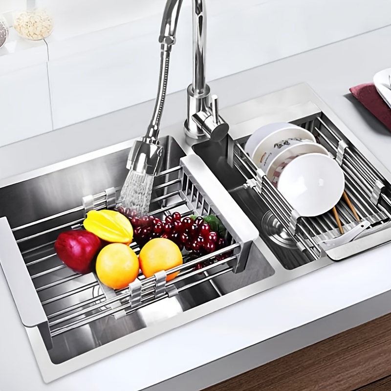 1pc Stainless Steel Sink Drying Rack, Modern Two Tone Telescopic Over The Sink  Dish Rack For Kitchen